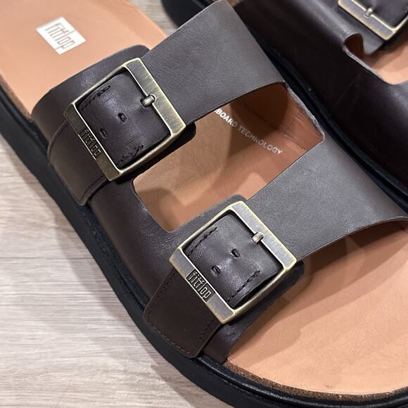 FitFlop NEW GEN-FF Men’s 12 Buckle Two-Bar Brown Leather Slides Sandals main image 4